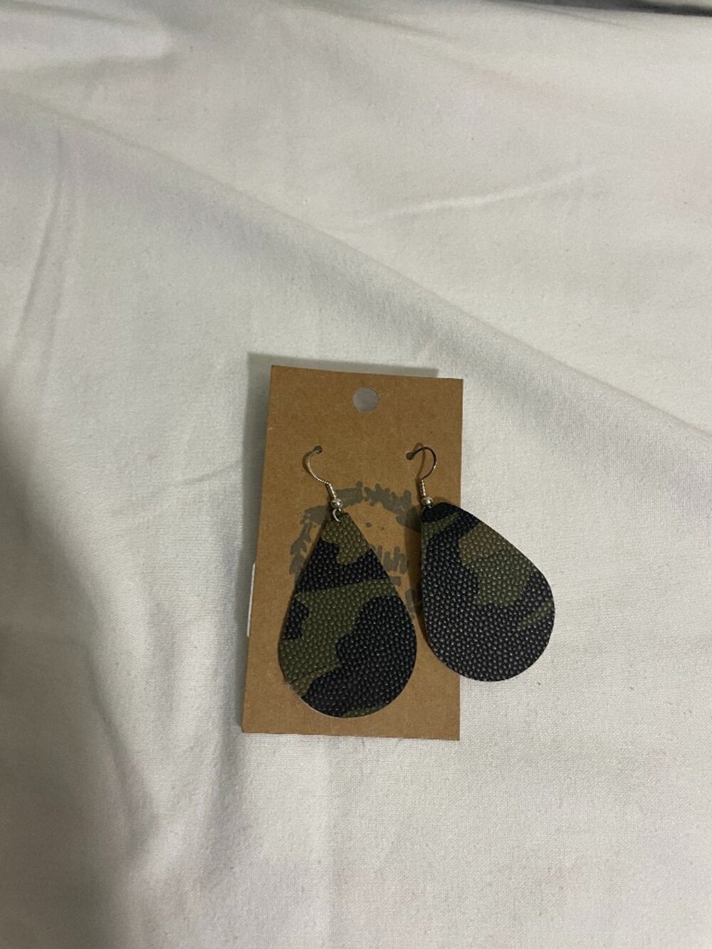 Camo Teardrop Dangle Earrings Green Black Faux Leather Lightweight 3”